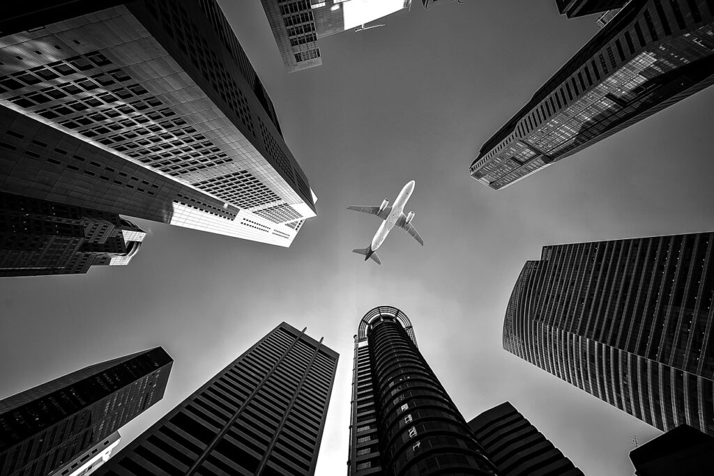 airplane, buildings, perspective, skyscrapers, flight, sky, high-rise, high-rise buildings, urban, city, nature, airline, architecture, jet, transport, transportation, monochrome, black and white, airplane, airplane, airplane, airplane, airplane, flight, airline